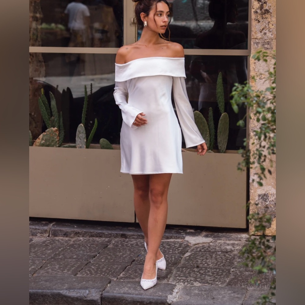 Luxurious Vision White Satin Off-the-Shoulder Mini Dress